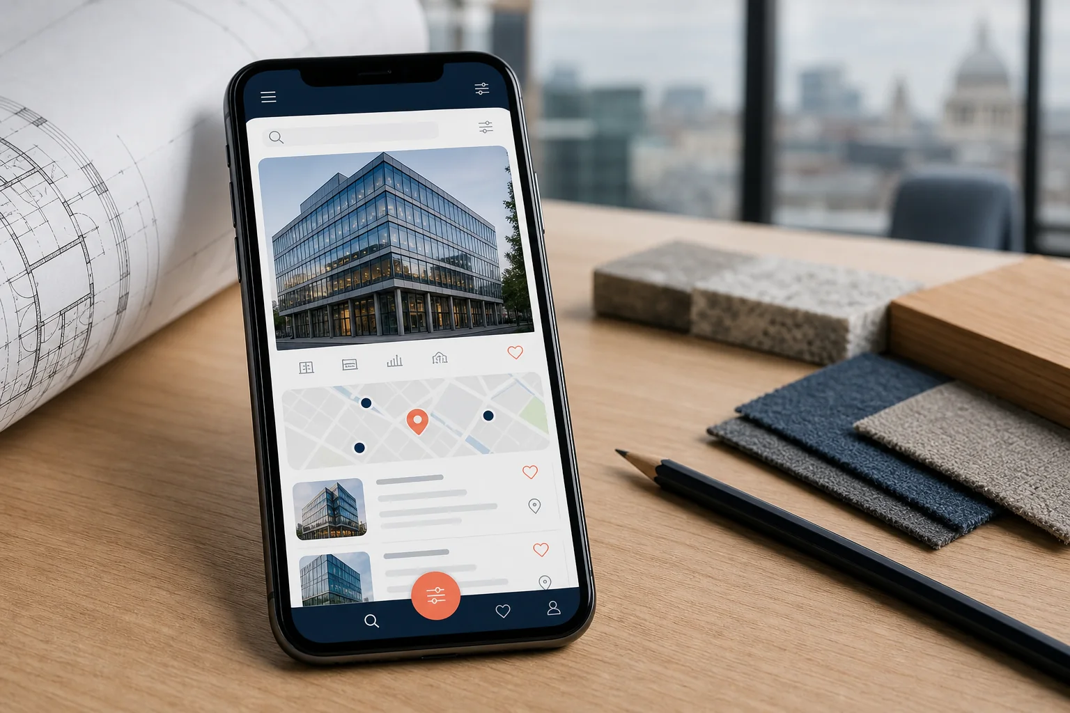Commercial property app displayed on a phone beside architectural plans