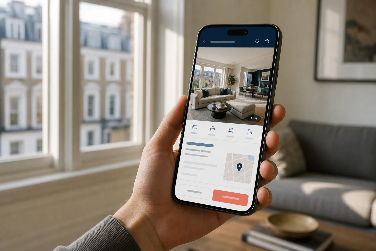 Property search app displayed on a phone in a London apartment