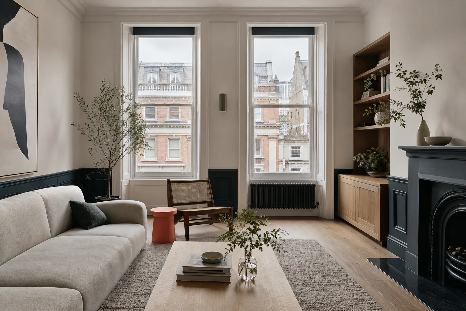 Contemporary London apartment interior with tall sash windows